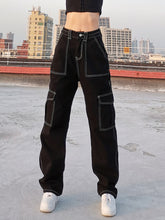 Load image into Gallery viewer, HEYounGIRL White Thread Black Cotton Jeans Women Casual Loose Straight Long Trousers Ladies Harajuku Punk Fashion Pants Capris