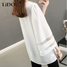 Load image into Gallery viewer, 2022 Summer Solid V-neck Mesh Patchwork Loose Casual Shirt Top Women Half Sleeve Oversized Fashion Blusa Simple Pullover Blouse