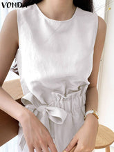 Load image into Gallery viewer, Lady Office Tank Tops Vests Summer Sleeveless Irregular Blouse VONDA 2023 Casual Crew Neck Pleated Blouse Fashion Female Blusas