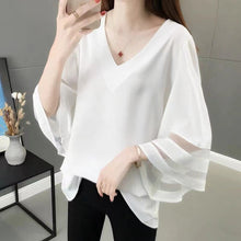 Load image into Gallery viewer, 2022 Summer Solid V-neck Mesh Patchwork Loose Casual Shirt Top Women Half Sleeve Oversized Fashion Blusa Simple Pullover Blouse