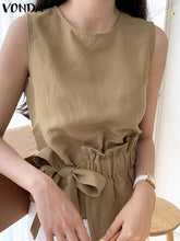 Load image into Gallery viewer, Lady Office Tank Tops Vests Summer Sleeveless Irregular Blouse VONDA 2023 Casual Crew Neck Pleated Blouse Fashion Female Blusas