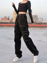 Load image into Gallery viewer, HEYounGIRL White Thread Black Cotton Jeans Women Casual Loose Straight Long Trousers Ladies Harajuku Punk Fashion Pants Capris