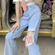 Load image into Gallery viewer, All-match fashion kawaii denim blue loose wide-leg women's jeans high waist heart chain summer thin casual cute casual