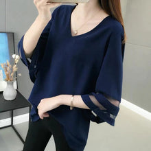 Load image into Gallery viewer, 2022 Summer Solid V-neck Mesh Patchwork Loose Casual Shirt Top Women Half Sleeve Oversized Fashion Blusa Simple Pullover Blouse
