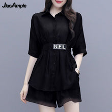 Load image into Gallery viewer, 2022 Summer New Casual Shirt Top + Mid-length Wide-leg Shorts Two-piece Women's Korean Elegant Blouse Pants Suit Female Clothing