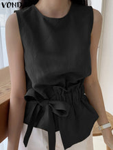 Load image into Gallery viewer, Lady Office Tank Tops Vests Summer Sleeveless Irregular Blouse VONDA 2023 Casual Crew Neck Pleated Blouse Fashion Female Blusas
