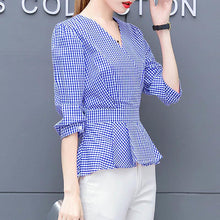Load image into Gallery viewer, Korean Fashion Ruffles Folds Lattice Blouse Woman 2022 Summer New Casual Commute All-match V-Neck 3/4 Sleeve Pullover Shirts