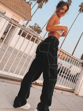 Load image into Gallery viewer, HEYounGIRL White Thread Black Cotton Jeans Women Casual Loose Straight Long Trousers Ladies Harajuku Punk Fashion Pants Capris