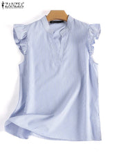 Load image into Gallery viewer, 2023 ZANZEA Women Stripe Printed V-Neck Shirt New Fashion Sleeveless Blouse Bohemian Ruffles Chemise Female Casual Holiday Tops
