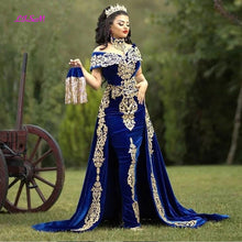 Load image into Gallery viewer, LISM Moroccan Caftan Evening Dresses Gold Lace Appliques Cap Sleeve Royal Blue Mermaid Velvet Arabic Prom Gowns Long Party Dress