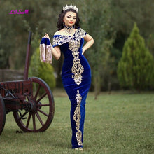 Load image into Gallery viewer, LISM Moroccan Caftan Evening Dresses Gold Lace Appliques Cap Sleeve Royal Blue Mermaid Velvet Arabic Prom Gowns Long Party Dress