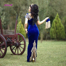 Load image into Gallery viewer, LISM Moroccan Caftan Evening Dresses Gold Lace Appliques Cap Sleeve Royal Blue Mermaid Velvet Arabic Prom Gowns Long Party Dress