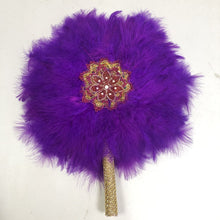 Load image into Gallery viewer, 1pcs African Turkey Feather Hand Fan Feathers Handfan for Dance Wedding Decoration Fan with Stones One-Sided Blue Fan-AF30