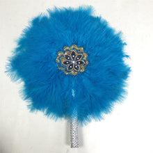 Load image into Gallery viewer, 1pcs African Turkey Feather Hand Fan Feathers Handfan for Dance Wedding Decoration Fan with Stones One-Sided Blue Fan-AF30