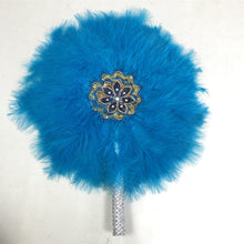 Load image into Gallery viewer, 1pcs African Turkey Feather Hand Fan Feathers Handfan for Dance Wedding Decoration Fan with Stones One-Sided Blue Fan-AF30