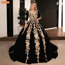 Load image into Gallery viewer, Dubai Black Wedding Gowns 2022 Saudi Arabia Gold Lace Appliqued Ball Gown Church Muslim Bride Dresses Custom Made Robe De Mariee