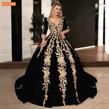 Load image into Gallery viewer, Dubai Black Wedding Gowns 2022 Saudi Arabia Gold Lace Appliqued Ball Gown Church Muslim Bride Dresses Custom Made Robe De Mariee