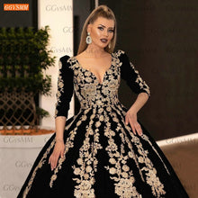 Load image into Gallery viewer, Dubai Black Wedding Gowns 2022 Saudi Arabia Gold Lace Appliqued Ball Gown Church Muslim Bride Dresses Custom Made Robe De Mariee