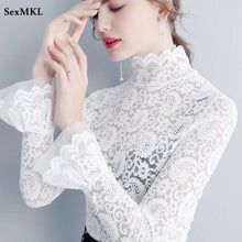 Load image into Gallery viewer, Sexy Transparent Long Sleeve Top Women 2023 Fashion Autumn Winter Basic Lace Blouses White Black Hollow Blusas Mujer Oversized