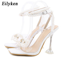 Load image into Gallery viewer, Eilyken Elegant Wedding Bride Shoes Women Fashion Pearls Bowtie Summer Square Toe Sandals PVC Transparent Crystal Perspex Heels