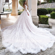 Load image into Gallery viewer, Traugel Scoop A Line Lace Wedding Dresses Elegant Applique Long Sleeve Button Bride Dress Cathedral Train Bridal Gown Plus Size