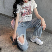Load image into Gallery viewer, All-match fashion kawaii denim blue loose wide-leg women's jeans high waist heart chain summer thin casual cute casual