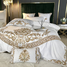 Load image into Gallery viewer, Luxury White 60S Satin Cotton Royal Gold Embroidery 4/5Pcs Bedding Set Soft Smooth Duvet Cover Set Bed Sheet Pillowcases