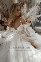 Load image into Gallery viewer, LORIE Glitter Wedding Dresses Puff Sleeve Appliques Lace 3D Flowers off Shoulder Tulle Boho Bride Gown 2021 vestidos de novia