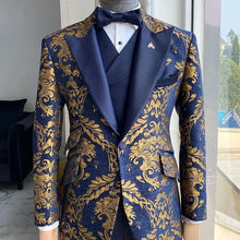 Load image into Gallery viewer, Jacquard Floral Tuxedo Suits for Men Wedding Slim Fit Navy Blue and Gold Gentleman Jacket with Vest Pant 3 Piece Male Costume
