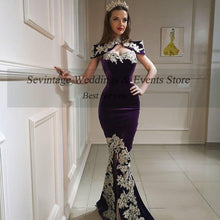 Load image into Gallery viewer, Sevintage High Neck Mermaid 3 Pieces Evening Dress with Overskirt Velour Gold Lace Formal Dress vestido de noiva Algerian Outfit