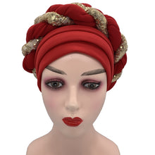 Load image into Gallery viewer, Latest African Auto Geles Headtie Already Made Headties Shinning Sequins Turban Cap for Women Ready Female Head Wraps