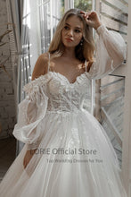 Load image into Gallery viewer, LORIE Glitter Wedding Dresses Puff Sleeve Appliques Lace 3D Flowers off Shoulder Tulle Boho Bride Gown 2021 vestidos de novia
