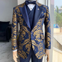 Load image into Gallery viewer, Jacquard Floral Tuxedo Suits for Men Wedding Slim Fit Navy Blue and Gold Gentleman Jacket with Vest Pant 3 Piece Male Costume