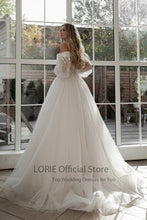 Load image into Gallery viewer, LORIE Glitter Wedding Dresses Puff Sleeve Appliques Lace 3D Flowers off Shoulder Tulle Boho Bride Gown 2021 vestidos de novia