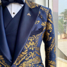 Load image into Gallery viewer, Jacquard Floral Tuxedo Suits for Men Wedding Slim Fit Navy Blue and Gold Gentleman Jacket with Vest Pant 3 Piece Male Costume