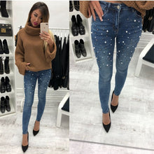 Load image into Gallery viewer, Women Blue Jeans Pants Skinny Pearl Beaded Black Jeans Summer Spring ladies High Waist Zipper Fly Long Denim Casual Mom Jeans