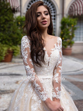 Load image into Gallery viewer, Fmogl Elegant Illusion Long Sleeve Vintage Wedding Dresses 2022 Luxury Scoop Neck Appliques Court Train A Line Bridal Gowns