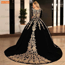 Load image into Gallery viewer, Dubai Black Wedding Gowns 2022 Saudi Arabia Gold Lace Appliqued Ball Gown Church Muslim Bride Dresses Custom Made Robe De Mariee