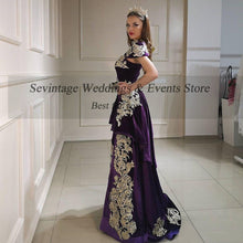 Load image into Gallery viewer, Sevintage High Neck Mermaid 3 Pieces Evening Dress with Overskirt Velour Gold Lace Formal Dress vestido de noiva Algerian Outfit