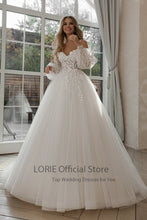 Load image into Gallery viewer, LORIE Glitter Wedding Dresses Puff Sleeve Appliques Lace 3D Flowers off Shoulder Tulle Boho Bride Gown 2021 vestidos de novia