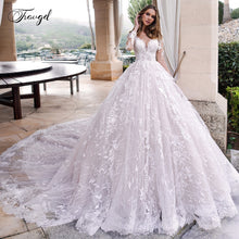 Load image into Gallery viewer, Traugel Scoop A Line Lace Wedding Dresses Elegant Applique Long Sleeve Button Bride Dress Cathedral Train Bridal Gown Plus Size