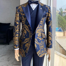 Load image into Gallery viewer, Jacquard Floral Tuxedo Suits for Men Wedding Slim Fit Navy Blue and Gold Gentleman Jacket with Vest Pant 3 Piece Male Costume