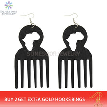 Load image into Gallery viewer, SOMESOOR Big Engraved Afro Ethnic Comb Design Wooden Drop Tribal Earrings With Hollow African Map Pattern For Black Women Gifts