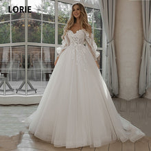 Load image into Gallery viewer, LORIE Glitter Wedding Dresses Puff Sleeve Appliques Lace 3D Flowers off Shoulder Tulle Boho Bride Gown 2021 vestidos de novia