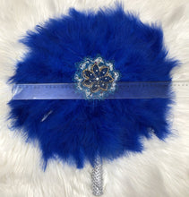 Load image into Gallery viewer, 1pcs African Turkey Feather Hand Fan Feathers Handfan for Dance Wedding Decoration Fan with Stones One-Sided Blue Fan-AF30