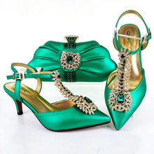 Load image into Gallery viewer, QSGFC Lastest Noble and Elegangt Fashionable Special Style Ladies Shoes and Bag Set in Green Color for Party and Wedding