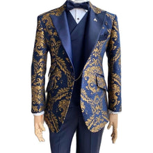 Load image into Gallery viewer, Jacquard Floral Tuxedo Suits for Men Wedding Slim Fit Navy Blue and Gold Gentleman Jacket with Vest Pant 3 Piece Male Costume