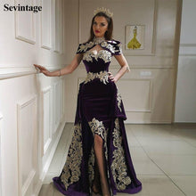 Load image into Gallery viewer, Sevintage High Neck Mermaid 3 Pieces Evening Dress with Overskirt Velour Gold Lace Formal Dress vestido de noiva Algerian Outfit