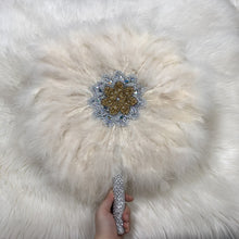 Load image into Gallery viewer, 1pcs African Turkey Feather Hand Fan Feathers Handfan for Dance Wedding Decoration Fan with Stones One-Sided Blue Fan-AF30