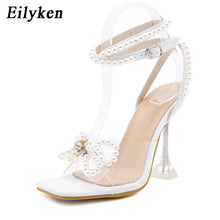 Load image into Gallery viewer, Eilyken Elegant Wedding Bride Shoes Women Fashion Pearls Bowtie Summer Square Toe Sandals PVC Transparent Crystal Perspex Heels